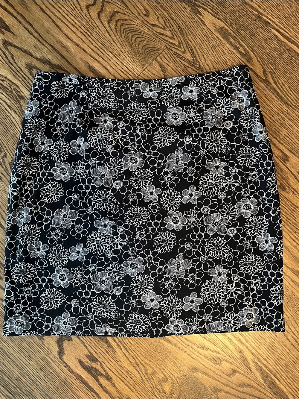 Petite Sophisticate Black Knee Length Skirt with White Floral Print